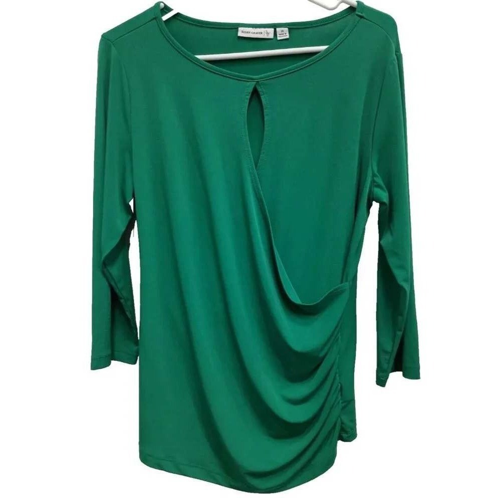Susan Graver Faux Wrap Top Womens Medium Green Liquid Knit Keyhole 3/4 Sleeve